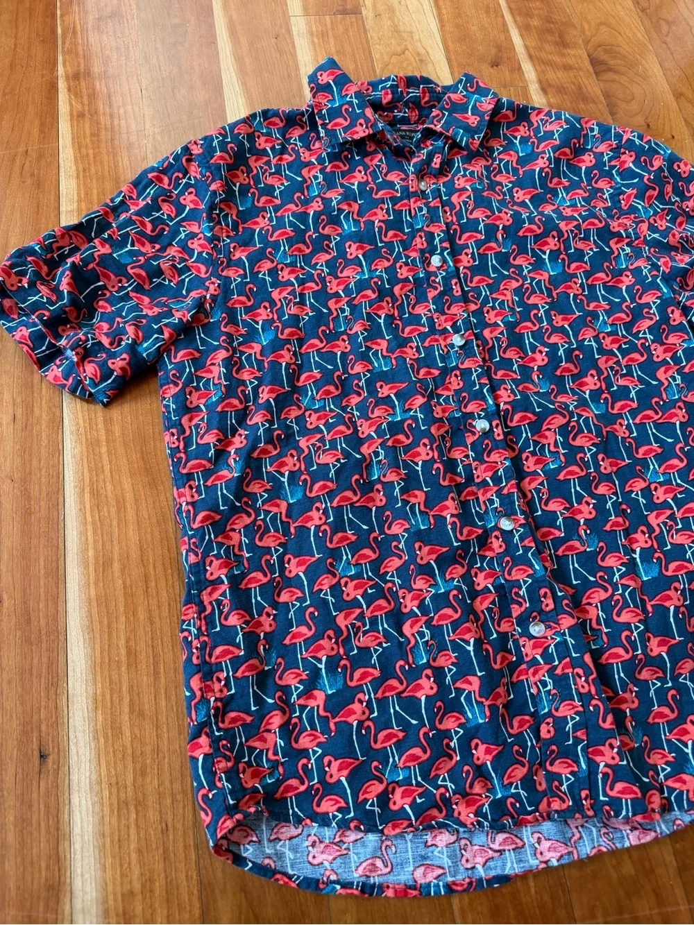 Banana Republic linen cotton blend short sleeve button down flamingos size M